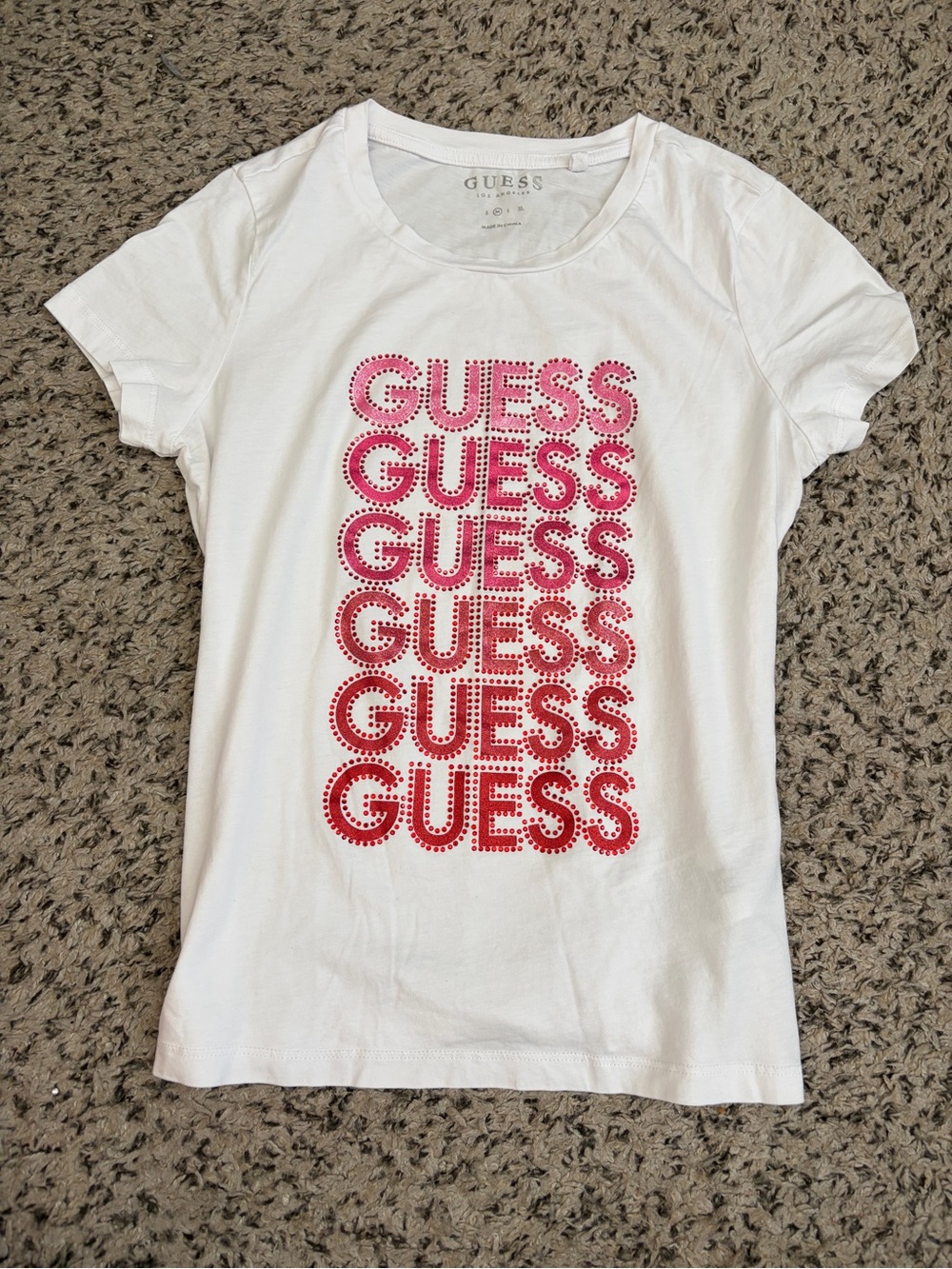 GUESS Rhinestone White Tee with Pink-to-Red Logo